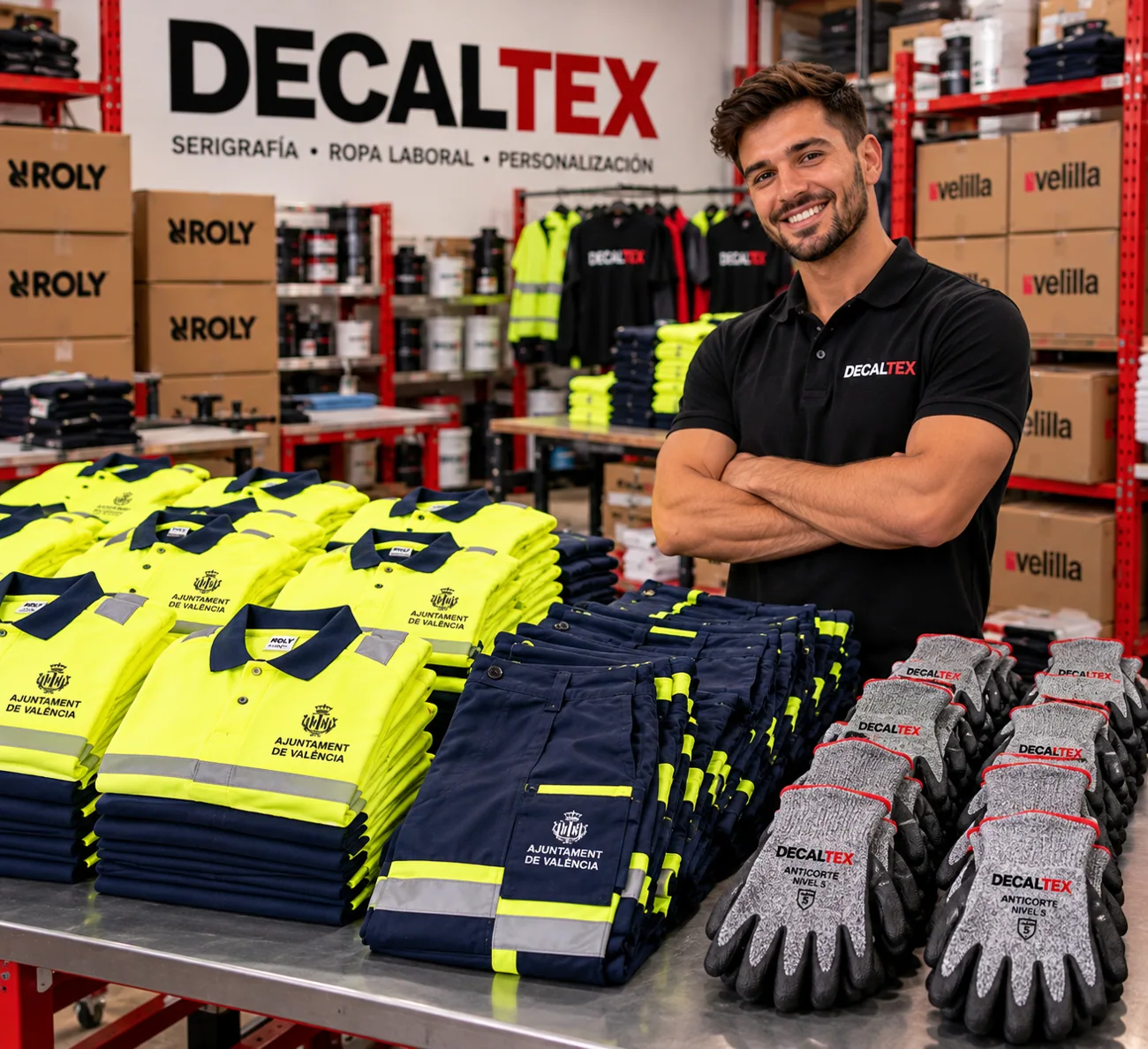 Recreación ilustrativa de ropa de alta visibilidad y guantes DECALTEX